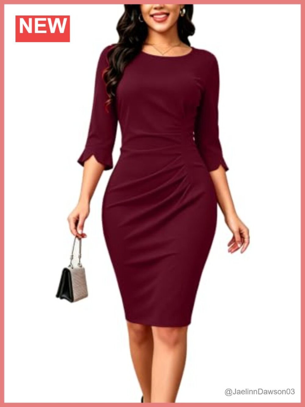 Women's Ruched Bodycon Midi Pencil Dress 3/4 Sleeve Work Office